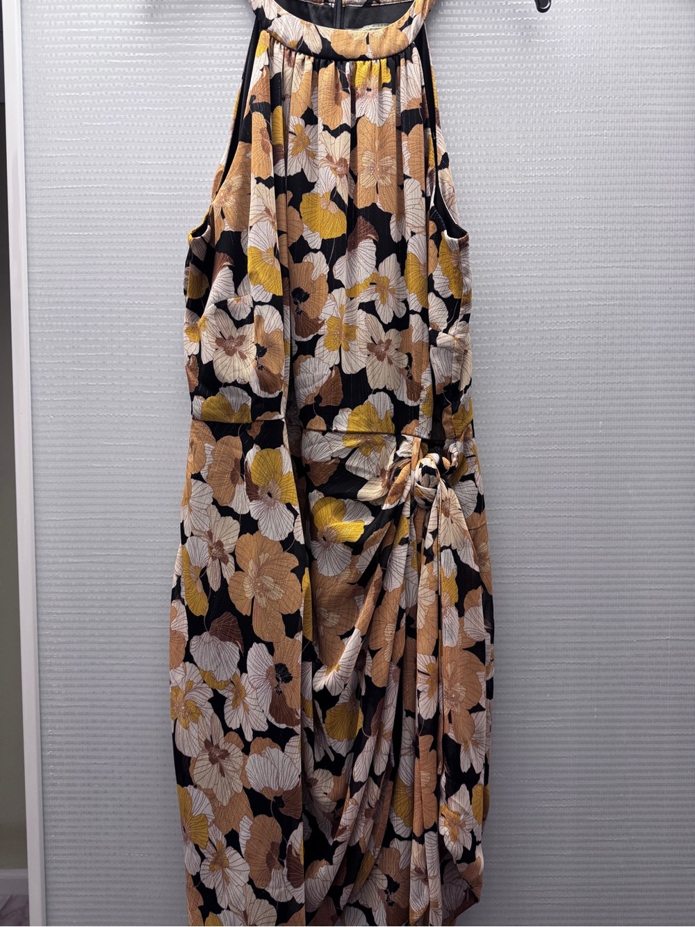 Floral Tie-Front Midi Dress in Black with Mustard and Cream